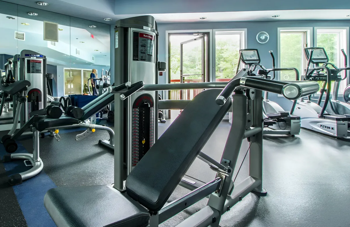 A bright, energetic gym area featuring modern exercise equipment, large windows letting in natural light, and mirrors for an open, spacious feel.