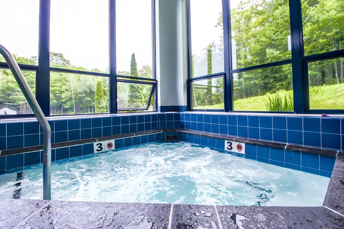 A tranquil hot tub space with expansive windows overlooking lush greenery, offering a peaceful setting for relaxation. The area is ideal for both solitary rejuvenation and social moments with friends or family.